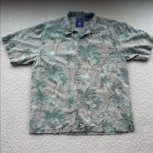 Caribbean Joe Men's Green Tan Palm Print Button Down Shirt 100% Silk Size Large
